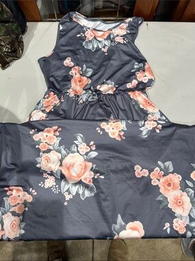 Floral High-Low Dress in Navy with Peach Bloom